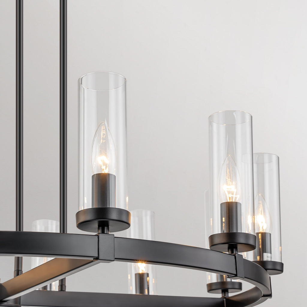 Lustre à 12 lumières en forme de roue de chariot, style moderne du milieu du siècle, en verre transparent, doré/noir, grand modèle