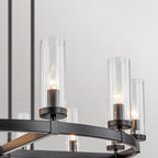 Lustre à 12 lumières en forme de roue de chariot, style moderne du milieu du siècle, en verre transparent, doré/noir, grand modèle