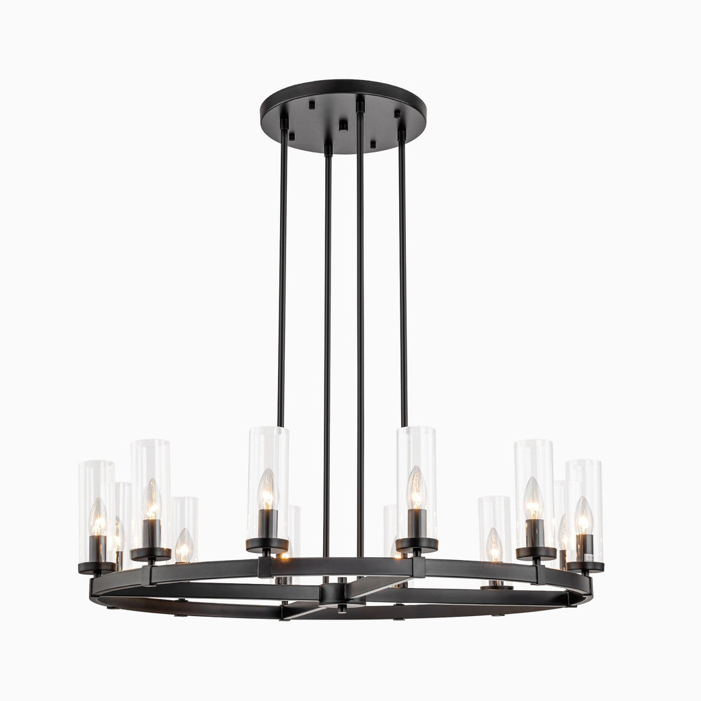 Lustre à 12 lumières en forme de roue de chariot, style moderne du milieu du siècle, en verre transparent, doré/noir, grand modèle