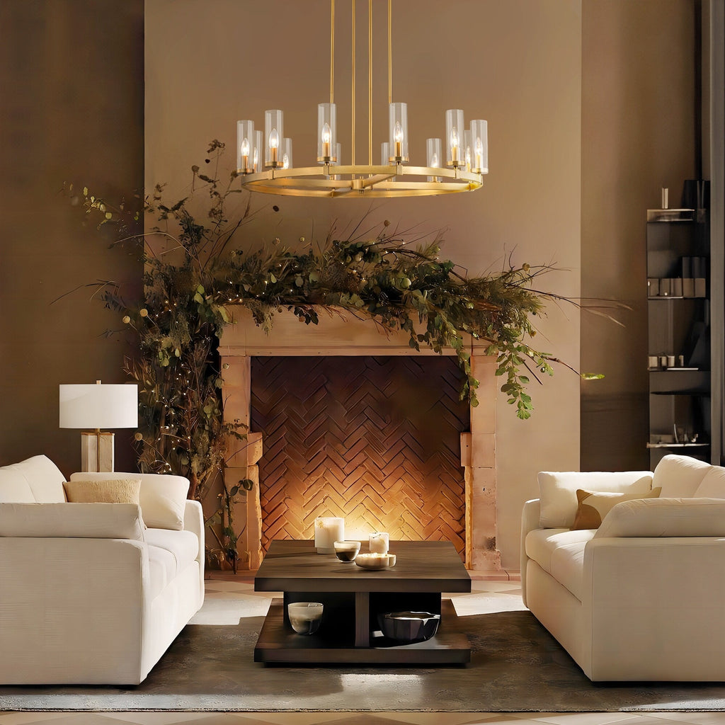 Lustre à 12 lumières en forme de roue de chariot, style moderne du milieu du siècle, en verre transparent, doré/noir, grand modèle