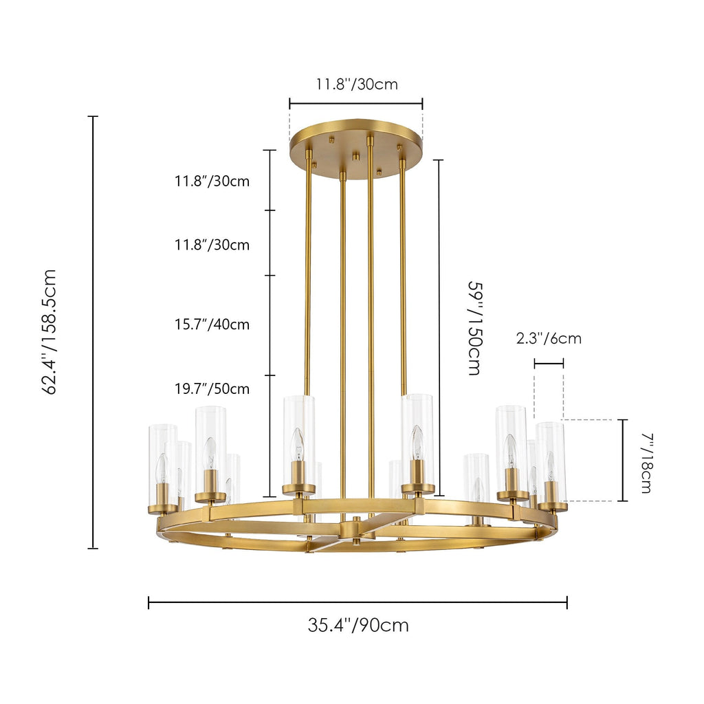 Lustre à 12 lumières en forme de roue de chariot, style moderne du milieu du siècle, en verre transparent, doré/noir, grand modèle