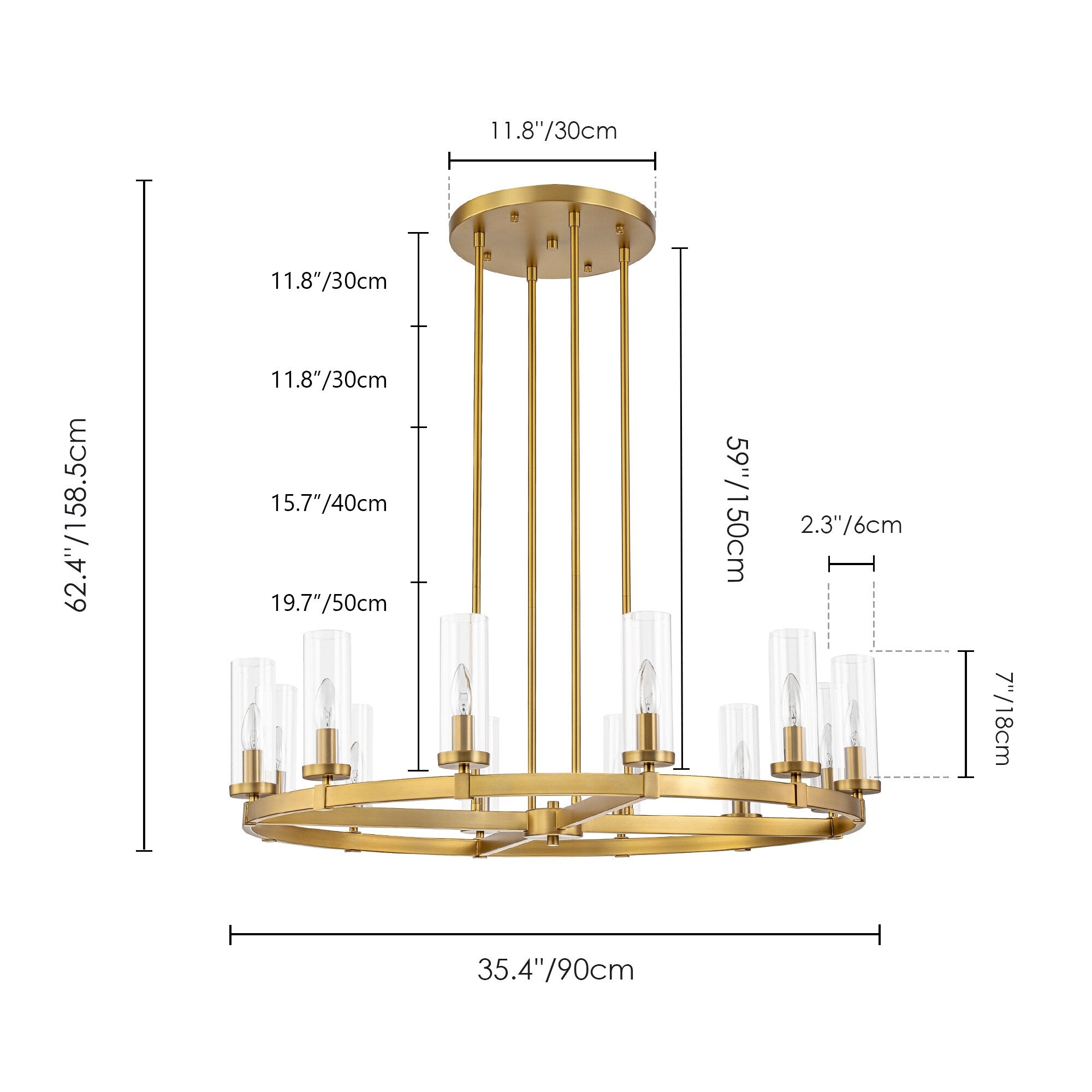 Lustre à 12 lumières en forme de roue de chariot, style moderne du milieu du siècle, en verre transparent, doré/noir, grand modèle