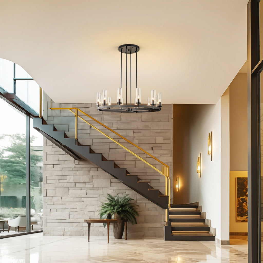 Lustre à 12 lumières en forme de roue de chariot, style moderne du milieu du siècle, en verre transparent, doré/noir, grand modèle