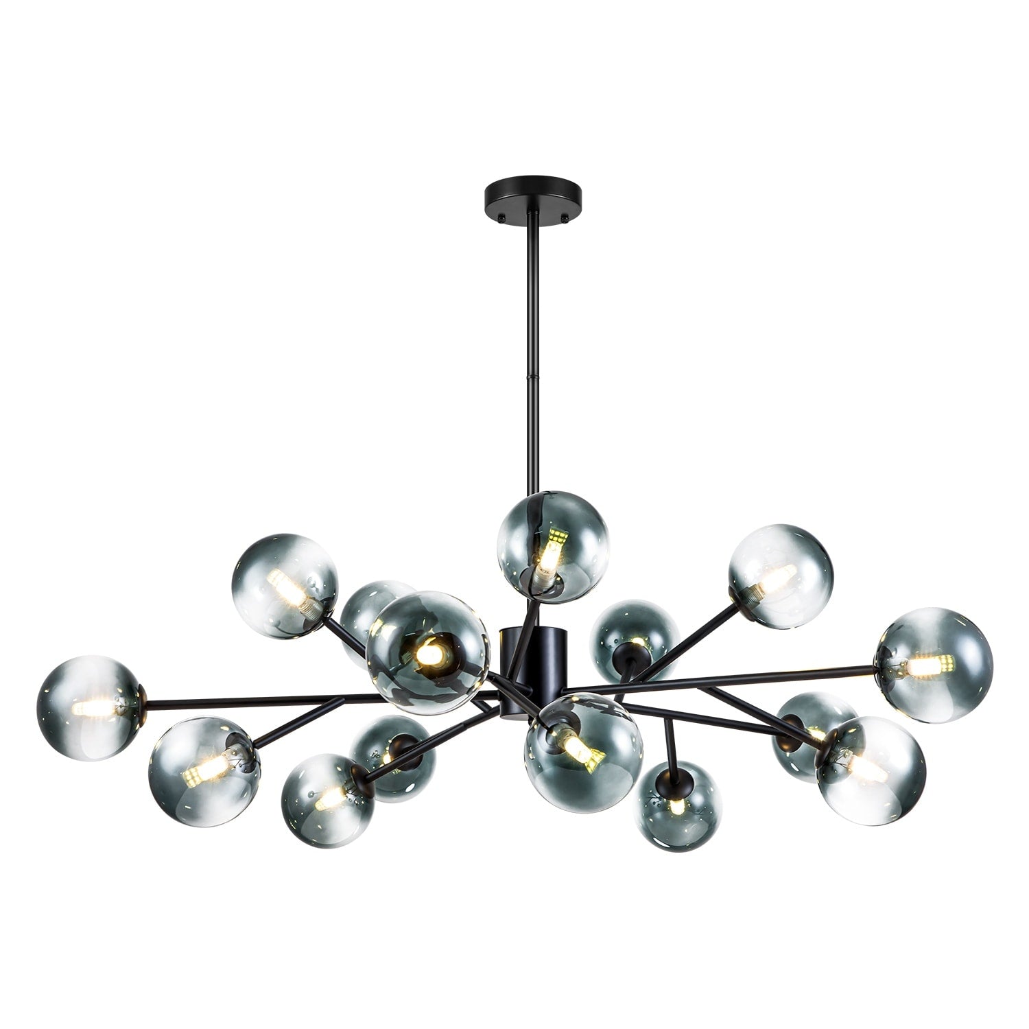 Lustre linéaire moderne à 15 lumières pour îlot de cuisine Sputnik avec branches et globes en verre