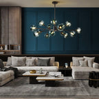 Lustre linéaire moderne à 15 lumières pour îlot de cuisine Sputnik avec branches et globes en verre