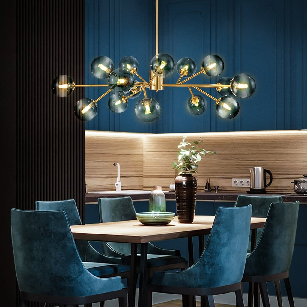 Lustre linéaire moderne à 15 lumières pour îlot de cuisine Sputnik avec branches et globes en verre