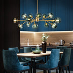 Lustre linéaire moderne à 15 lumières pour îlot de cuisine Sputnik avec branches et globes en verre