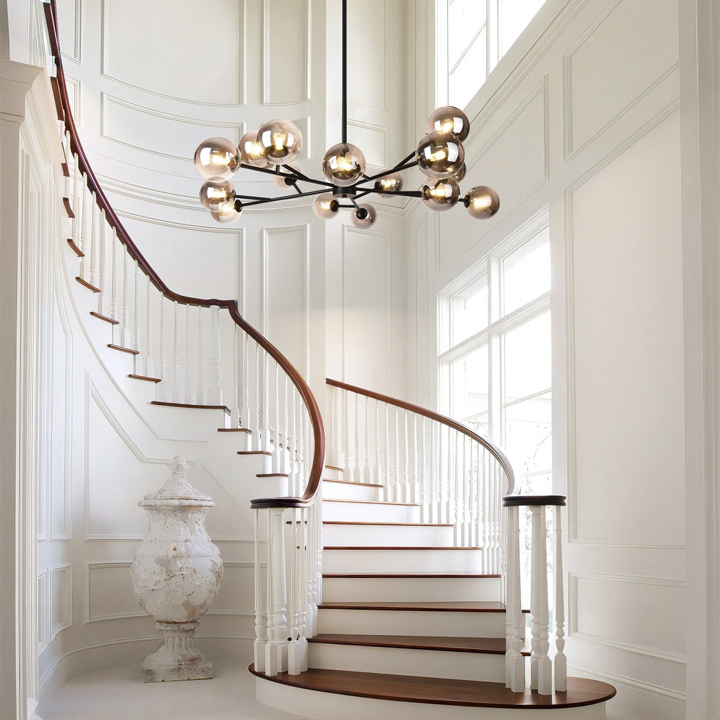 Lustre linéaire moderne à 15 lumières pour îlot de cuisine Sputnik avec branches et globes en verre