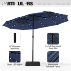 Parasol de marché extérieur rectangulaire à manivelle double face de 15 pieds, parasol de patio éclairé par LED solaire avec base incluse