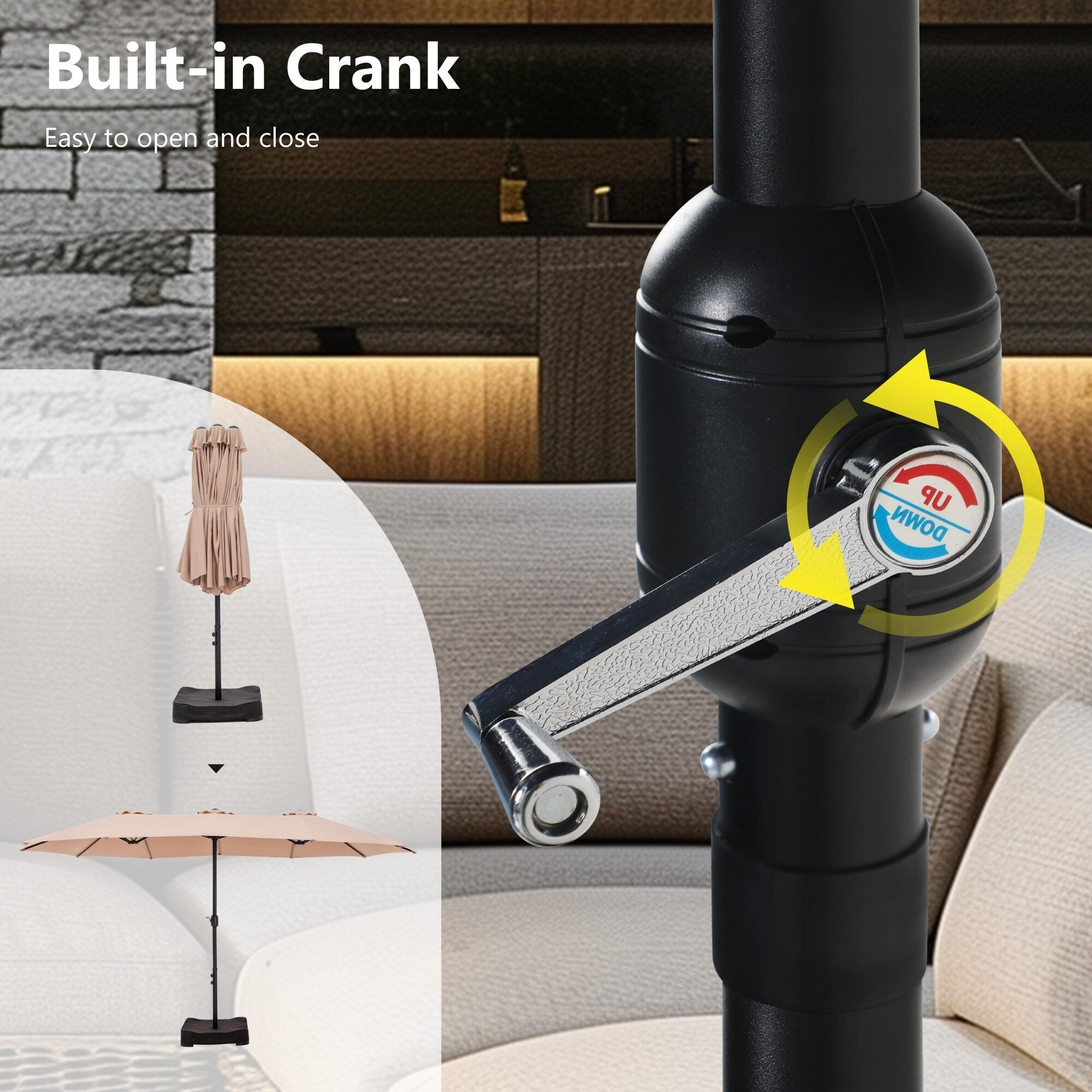 Parasol de marché extérieur rectangulaire à manivelle double face de 15 pieds, parasol de patio éclairé par LED solaire avec base incluse