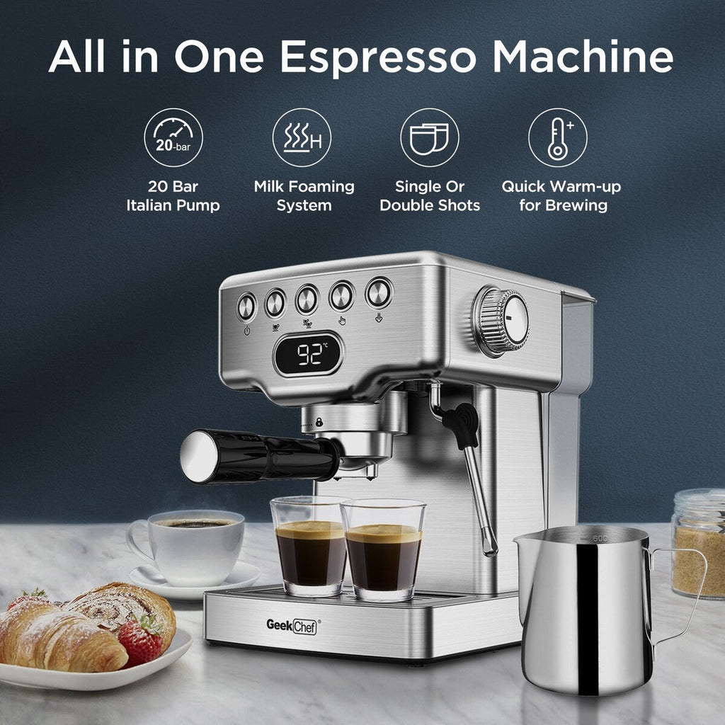 Machine à expresso semi-automatique en acier inoxydable argenté de 20 tasses avec réservoir d'eau de 0,5 gallon