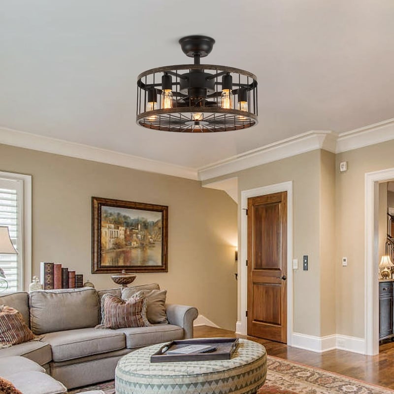 Ventilateur de plafond à profil bas de 20 po, style ferme moderne, finition bois, avec éclairage et télécommande