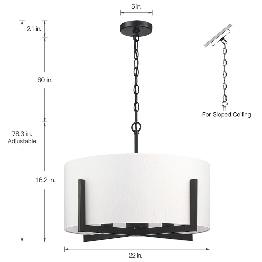 Lustre suspendu noir mat à 4 lumières de 22 po avec abat-jour tambour blanc - 22 W