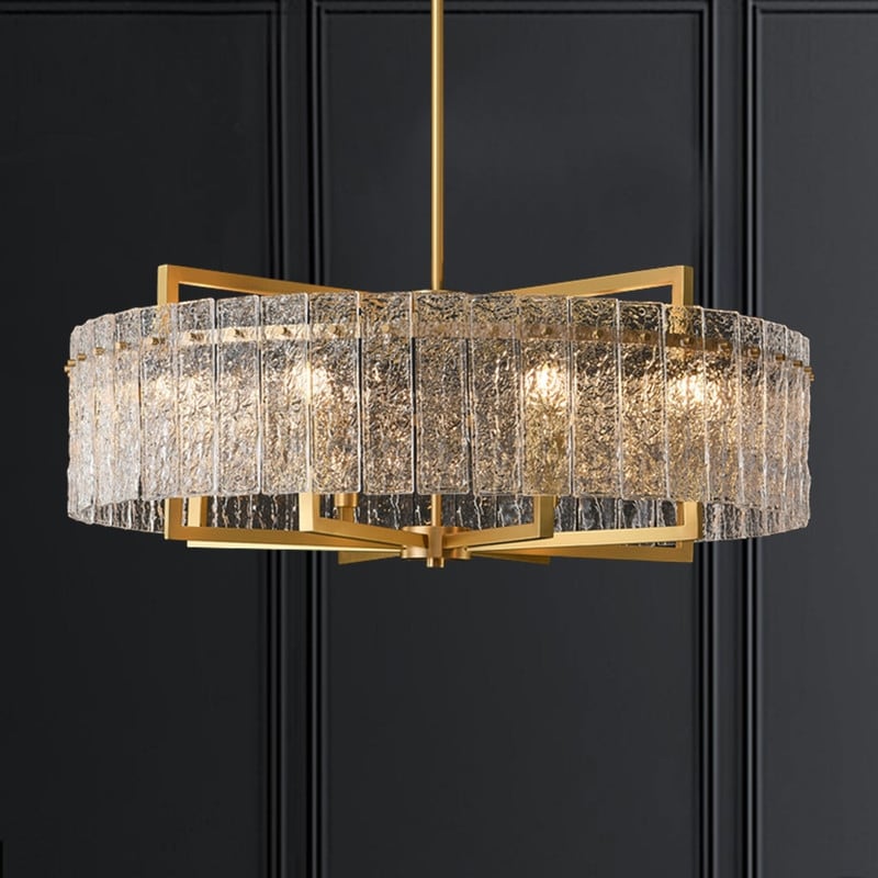 Lustre tambour moderne en cristal doré de 66 cm, 6 lumières, à intensité variable, style glamour, pour îlot de cuisine avec verre dépoli, pour salle à manger