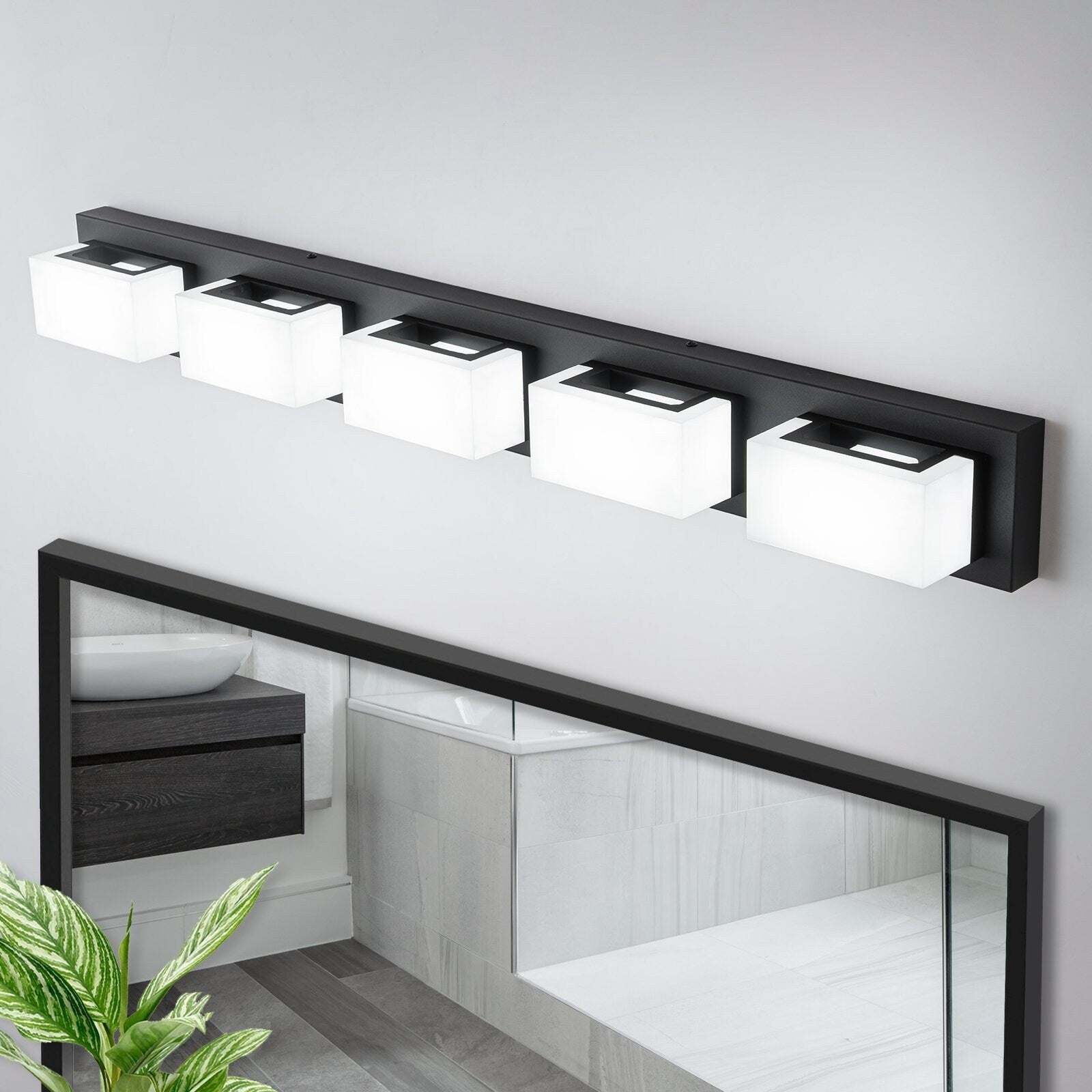 Applique murale LED moderne pour salle de bain, 3/4/5 lumières, noir mat, à intensité variable.