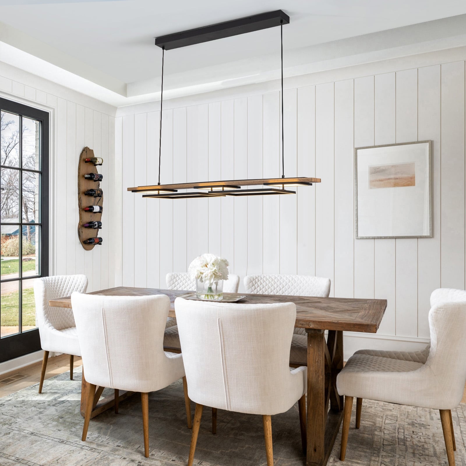 Lustre linéaire en bois à 3/5 lumières LED intégrées pour îlot de cuisine