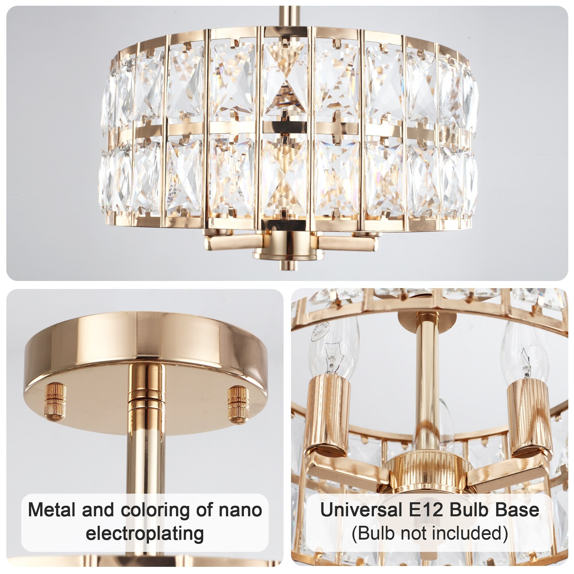 Plafonniers semi-encastrés à 3 lumières en cristal pour salon et couloir