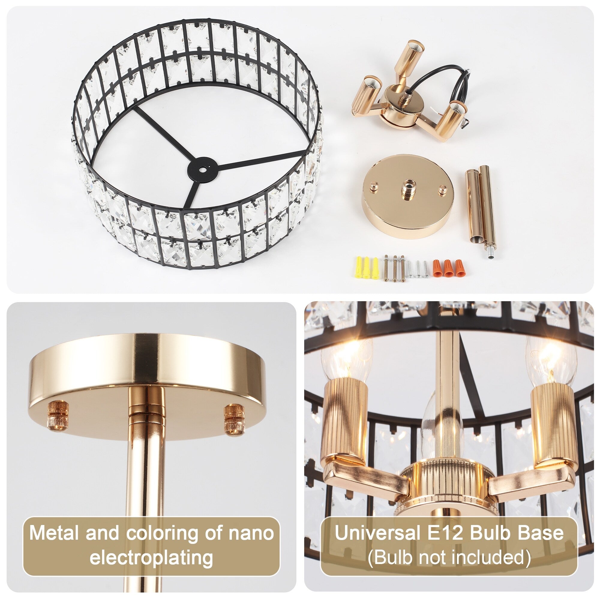 Plafonniers semi-encastrés à 3 lumières en cristal pour salon et couloir