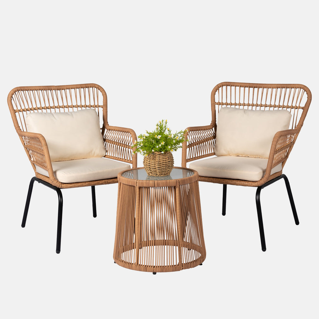 Ensemble de bistrot d'extérieur 3 pièces en osier, mobilier de jardin en rotin toutes saisons, chaises de patio avec coussins