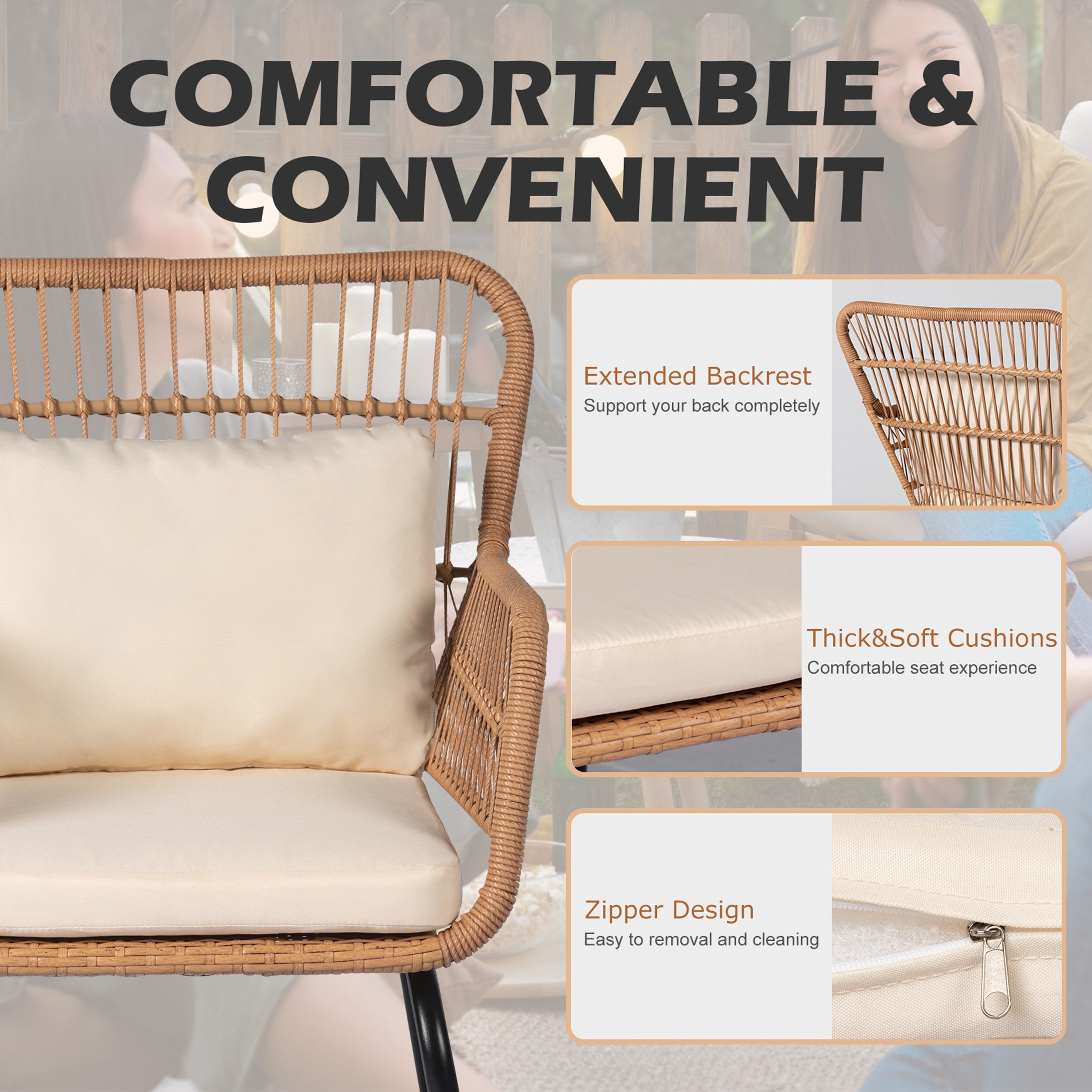 Ensemble de bistrot d'extérieur 3 pièces en osier, mobilier de jardin en rotin toutes saisons, chaises de patio avec coussins