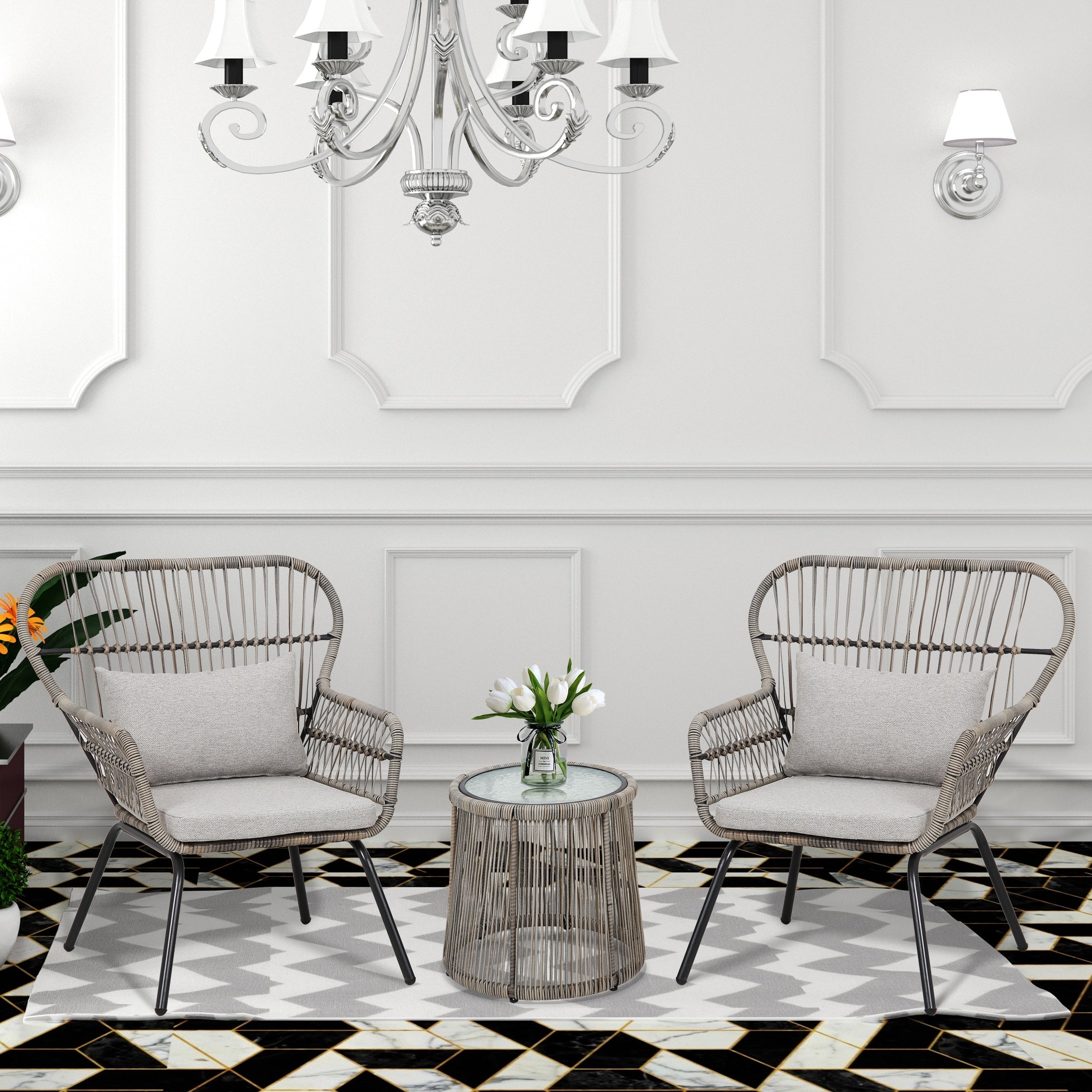 Ensemble de bistrot d'extérieur 3 pièces en osier, mobilier de jardin en rotin toutes saisons, chaises de patio avec coussins