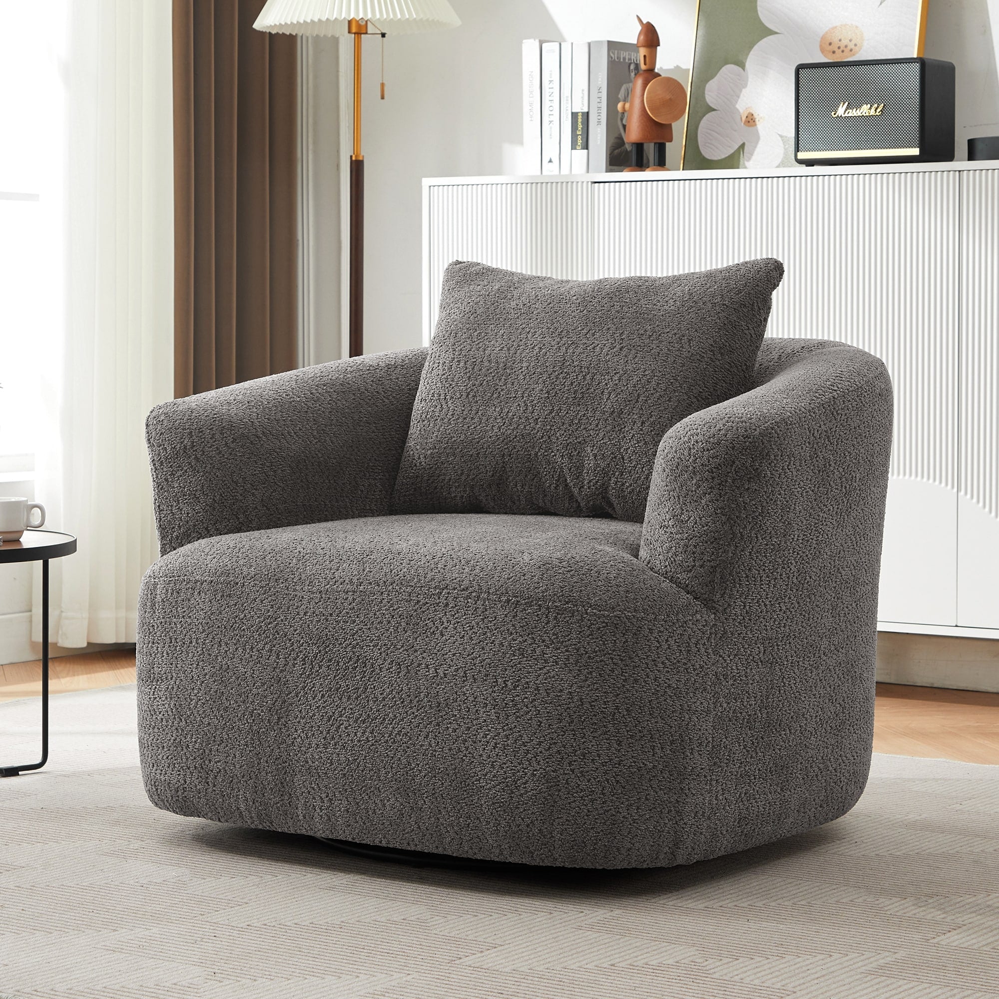 Fauteuil pivotant à 360°, fauteuil d'appoint en bouclette de 38,2 cm avec coussin décoratif, fauteuil-canapé rembourré de forme cylindrique avec accoudoirs incurvés