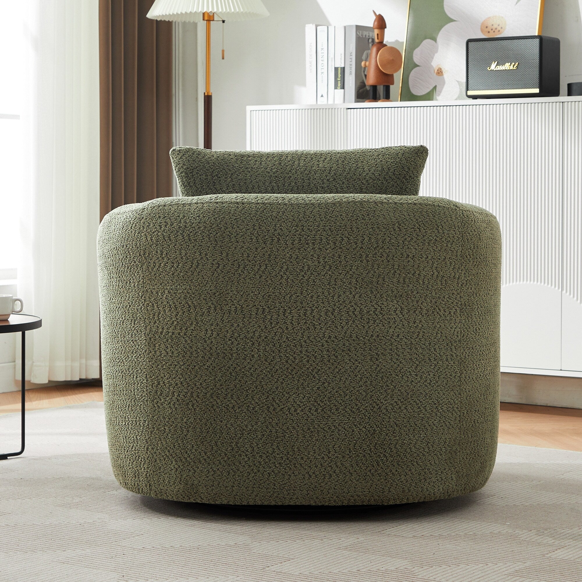 Fauteuil pivotant à 360°, fauteuil d'appoint en bouclette de 38,2 cm avec coussin décoratif, fauteuil-canapé rembourré de forme cylindrique avec accoudoirs incurvés