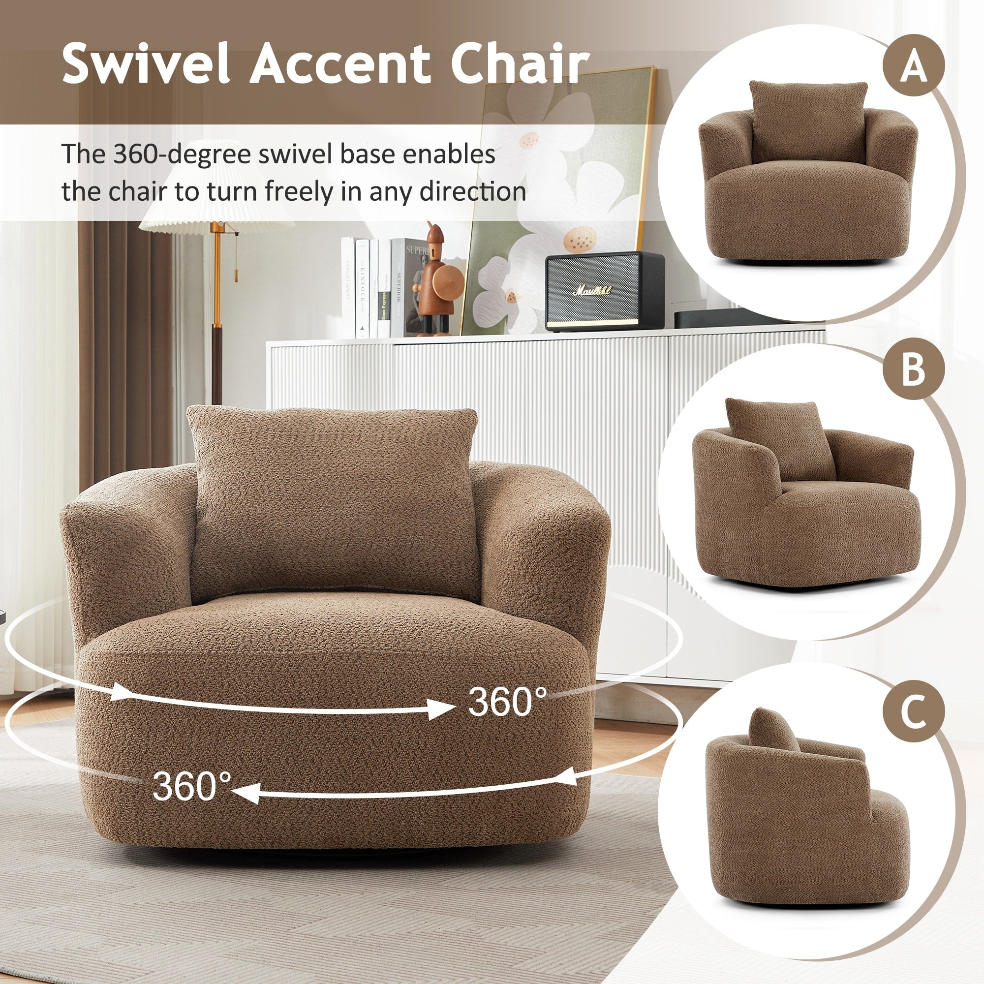 Fauteuil pivotant à 360°, fauteuil d'appoint en bouclette de 38,2 cm avec coussin décoratif, fauteuil-canapé rembourré de forme cylindrique avec accoudoirs incurvés