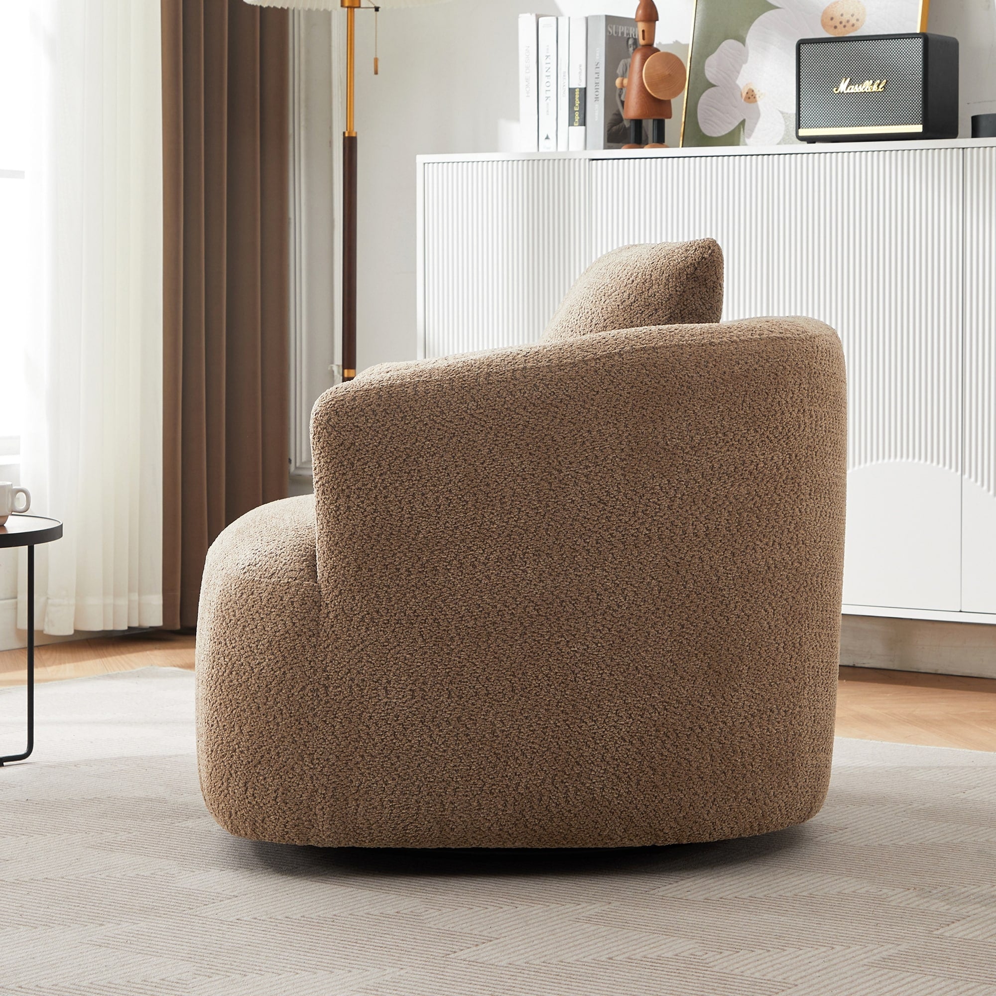 Fauteuil pivotant à 360°, fauteuil d'appoint en bouclette de 38,2 cm avec coussin décoratif, fauteuil-canapé rembourré de forme cylindrique avec accoudoirs incurvés