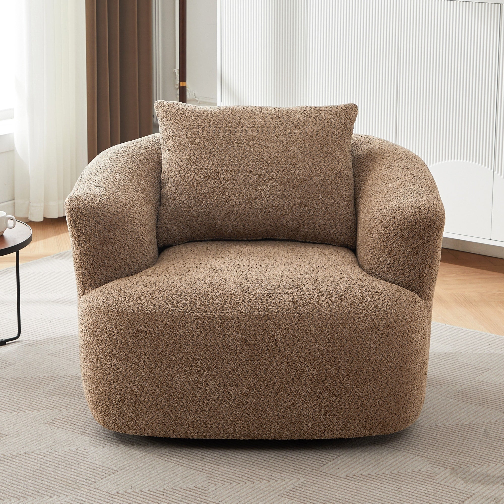 Fauteuil pivotant à 360°, fauteuil d'appoint en bouclette de 38,2 cm avec coussin décoratif, fauteuil-canapé rembourré de forme cylindrique avec accoudoirs incurvés