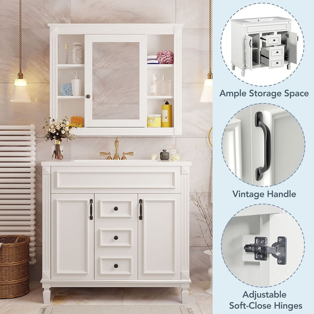 Meuble-lavabo moderne de 36 po avec lavabo supérieur et armoire à miroir, 2 portes et 2 tiroirs