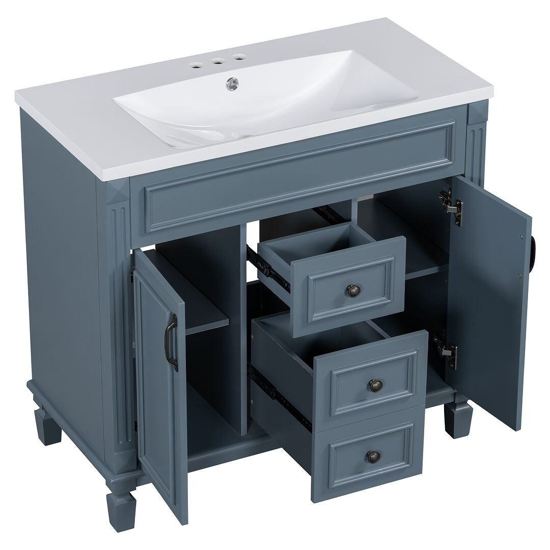 Meuble-lavabo moderne de 36 po avec lavabo supérieur et armoire à miroir, 2 portes et 2 tiroirs