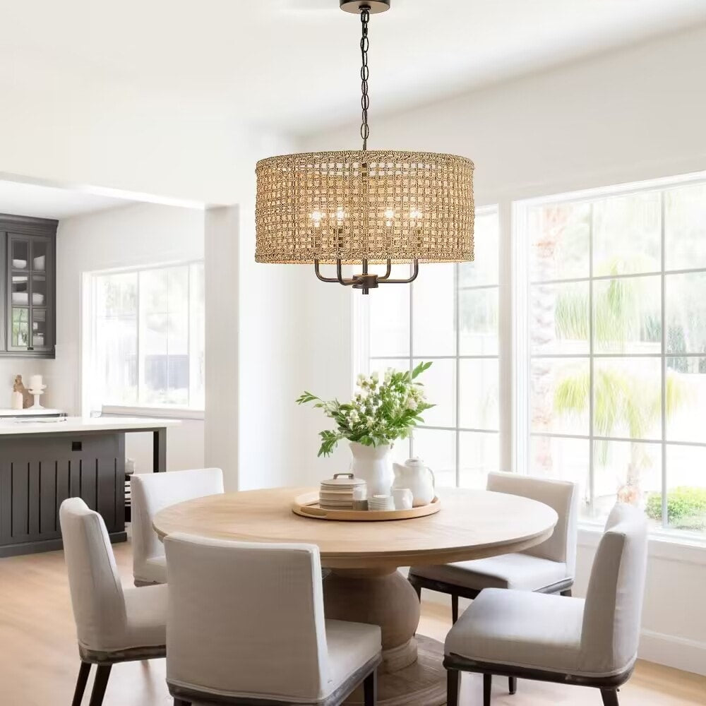 Lustre tambour bohème tissé à la main à 4 lumières - Paille - 20 po de largeur