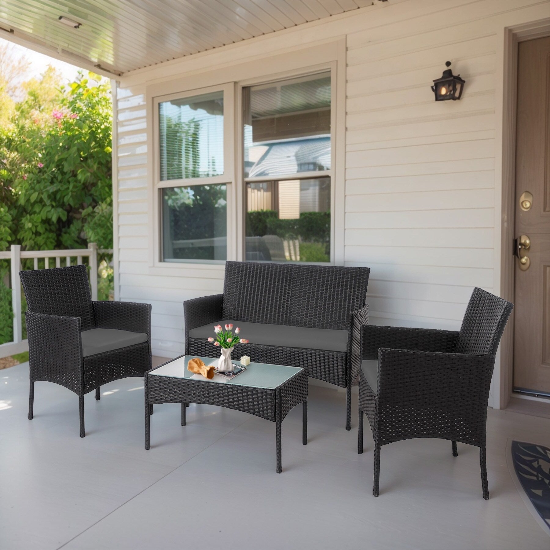 Ensemble de 4 meubles de jardin en osier, sectionnel et en rotin avec coussins