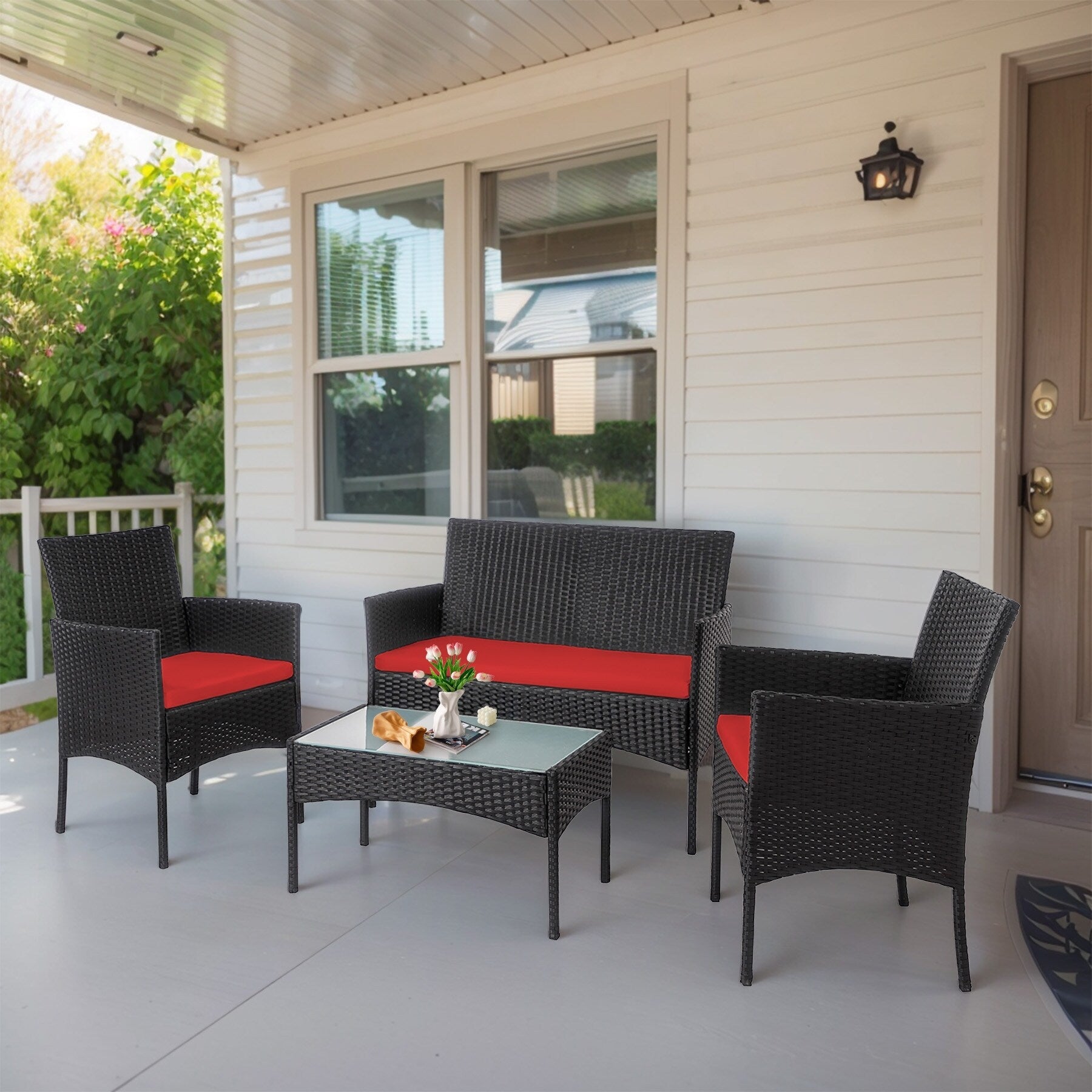 Ensemble de 4 meubles de jardin en osier, sectionnel et en rotin avec coussins