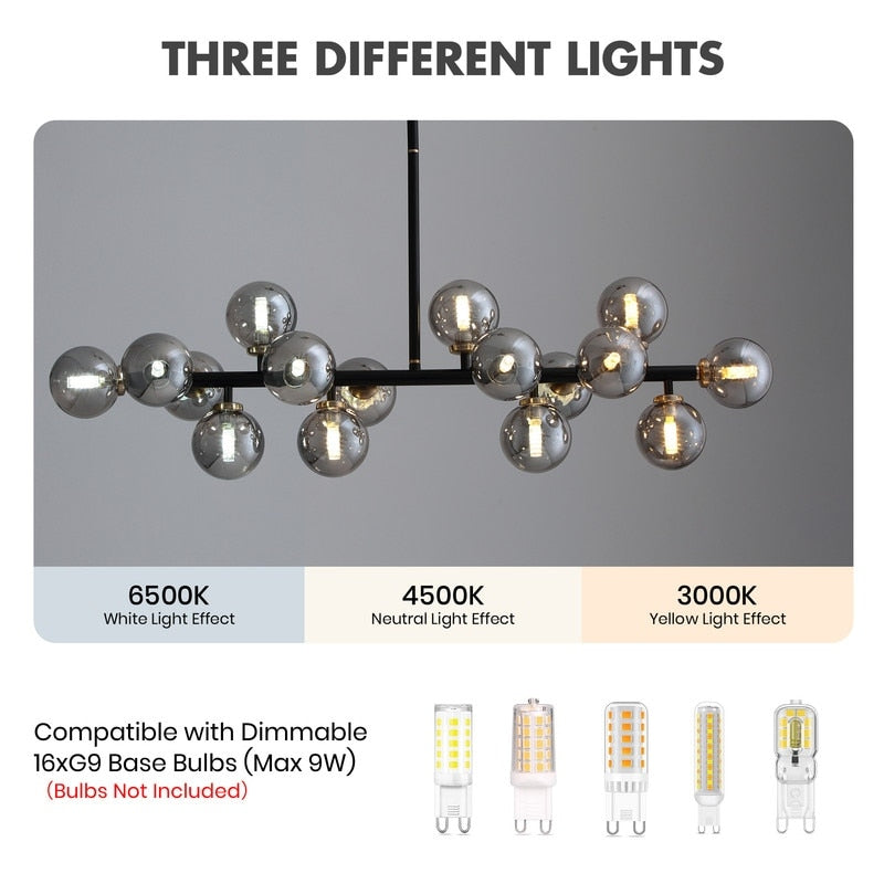 Lustre linéaire moderne du milieu du siècle de 40 po, suspension Spoutnik à 16 ampoules en laiton doré avec globe en verre dépoli pour salle à manger