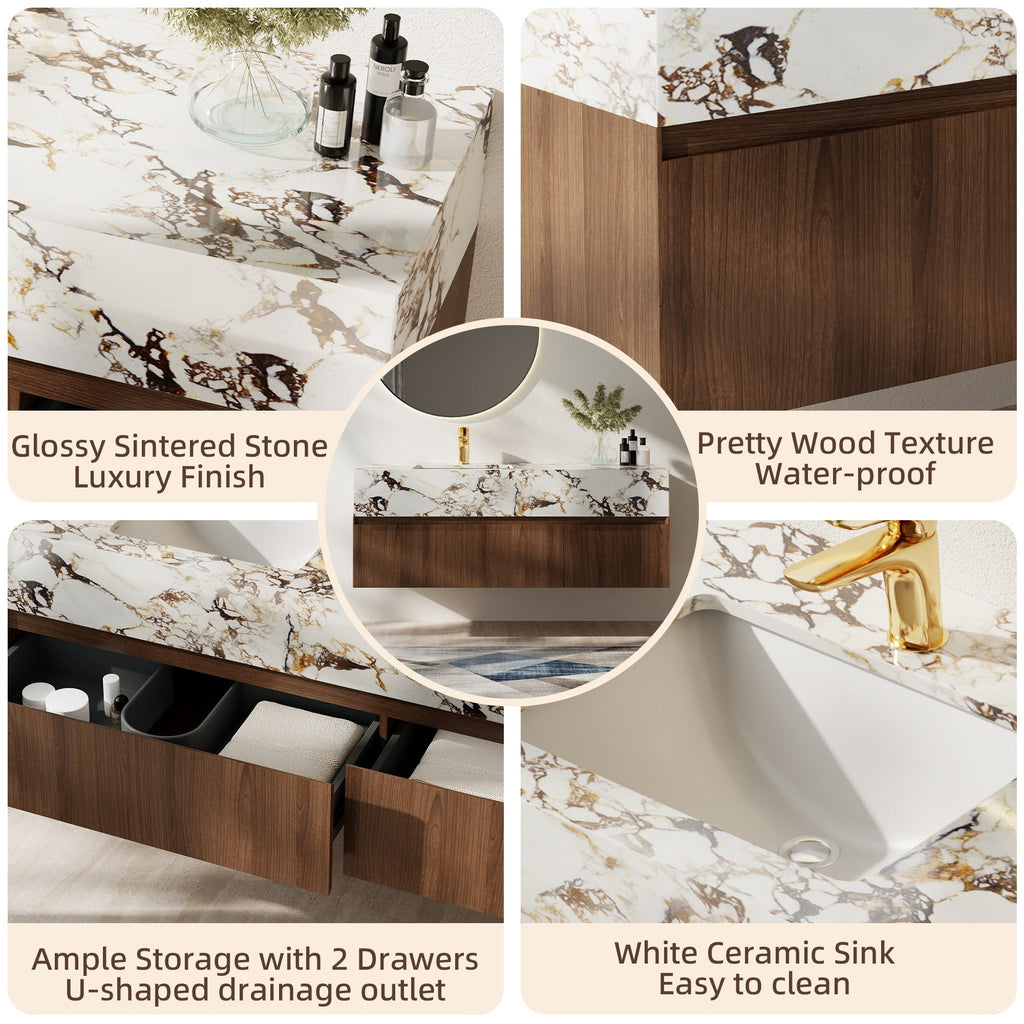 Meubles-lavabos simples modernes de 48 po, avec dessus en faux marbre brillant, bois massif