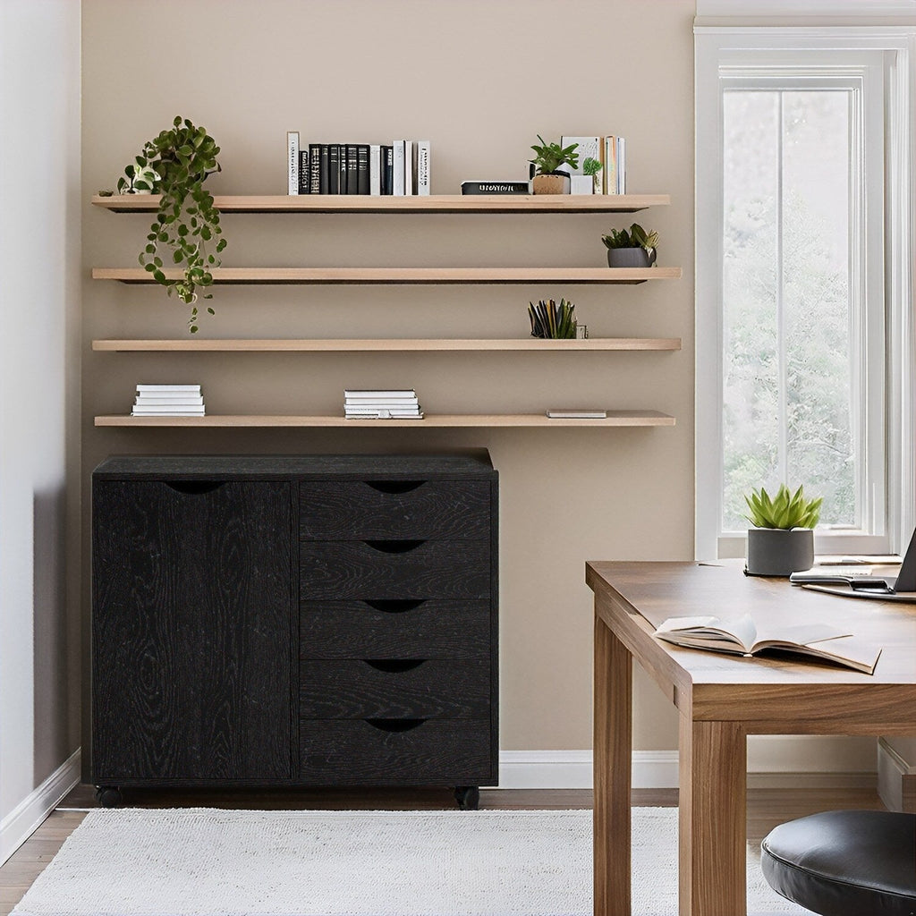 Commode de rangement en bois à 5 tiroirs avec roulettes - Meuble de rangement pour loisirs créatifs et maquillage pour dressing et chambre