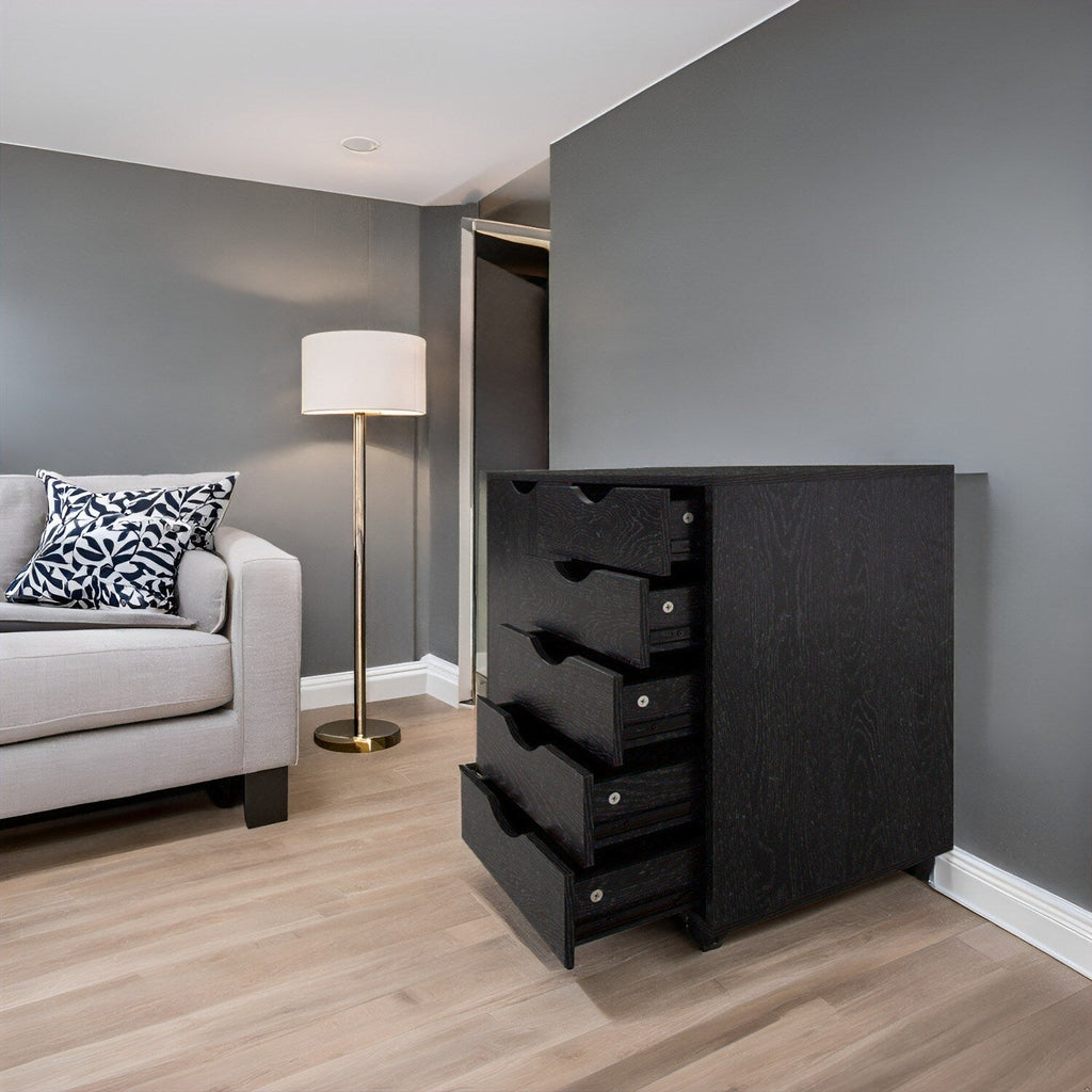 Commode de rangement en bois à 5 tiroirs avec roulettes - Meuble de rangement pour loisirs créatifs et maquillage pour dressing et chambre