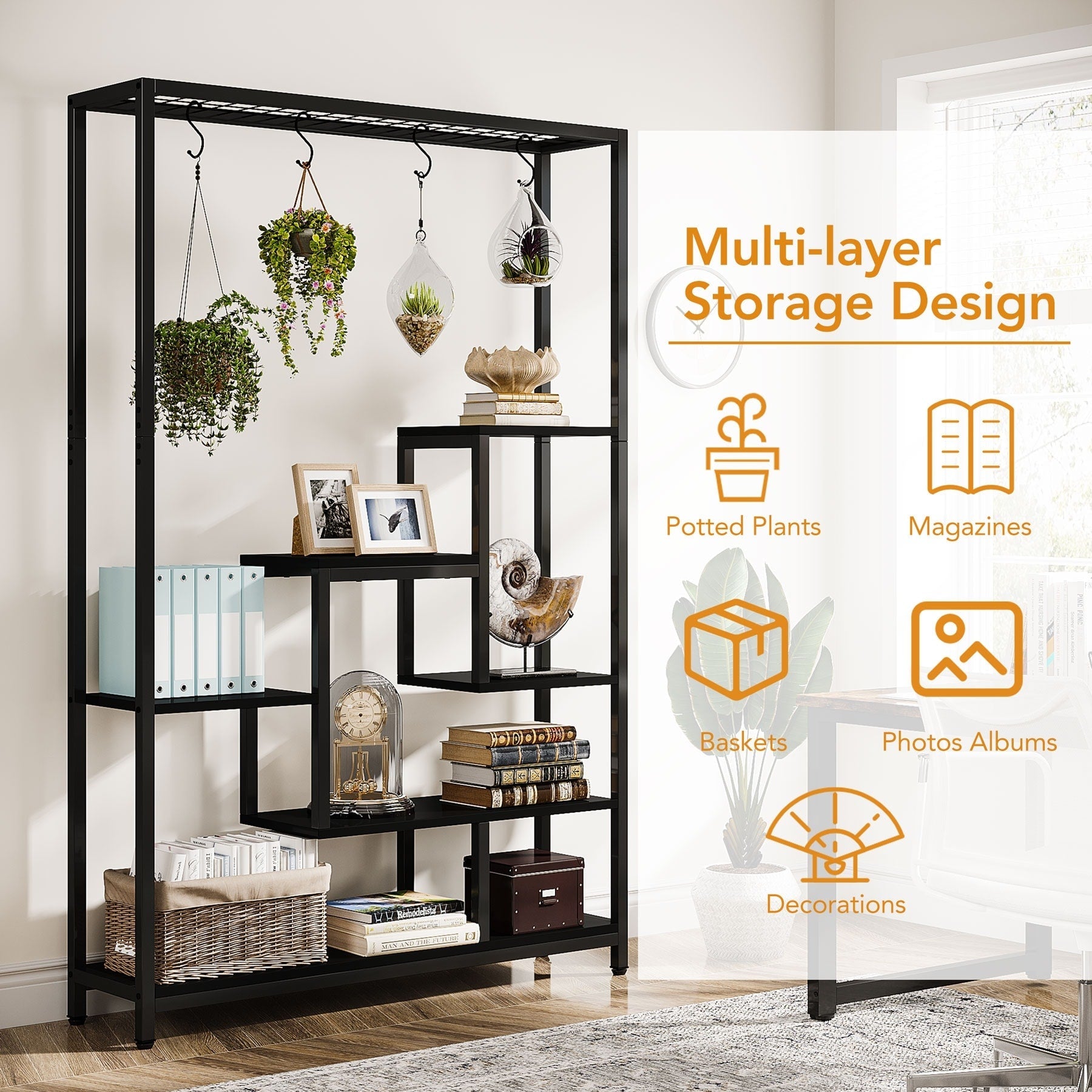 Étagère à plantes d'intérieur à 5 niveaux, hauteur 70,9 pouces, avec 10 crochets de suspension