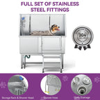 Baignoire de toilettage réglable en acier inoxydable de 50 po de largeur avec rampe et marches