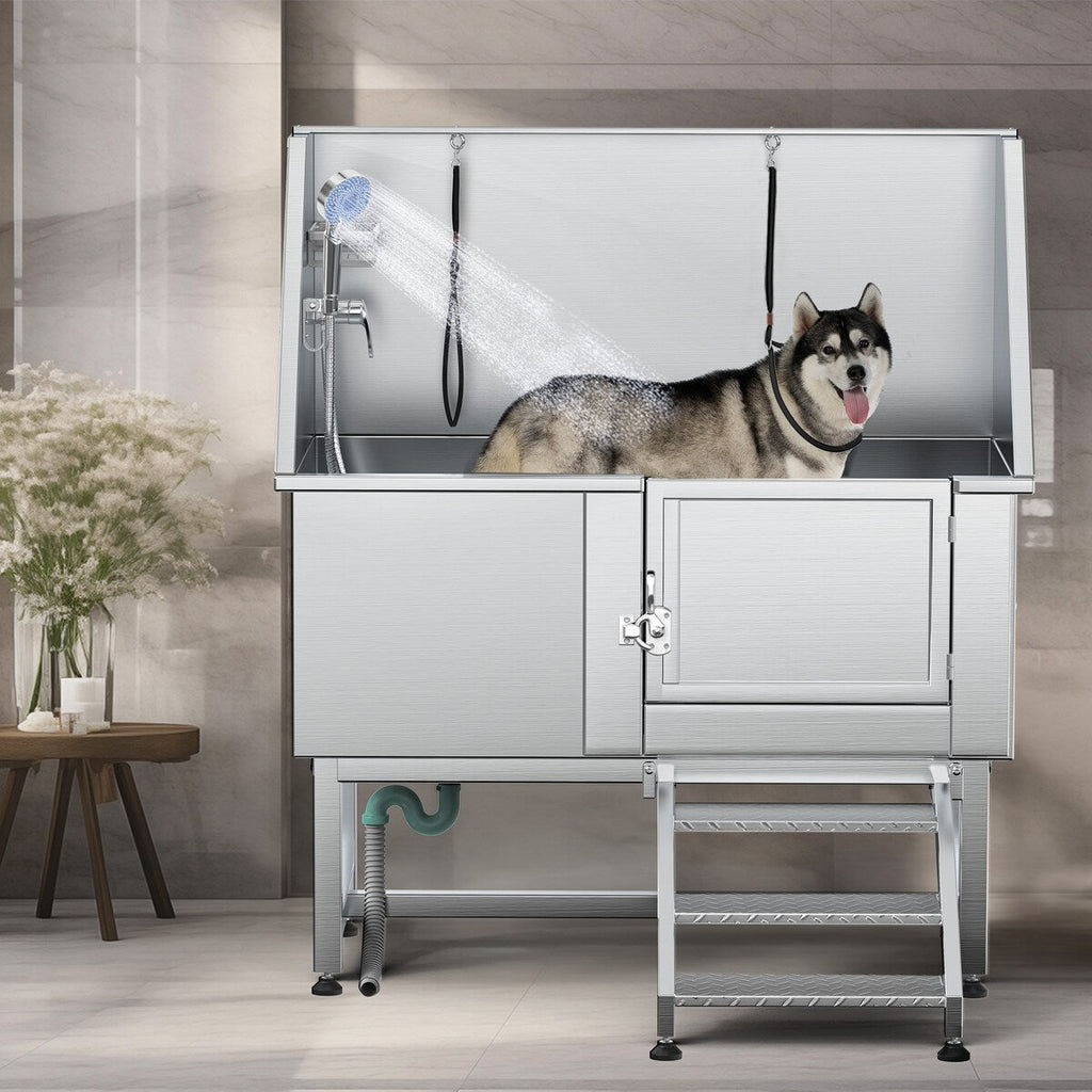 Baignoire de toilettage réglable en acier inoxydable de 50 po de largeur avec rampe et marches