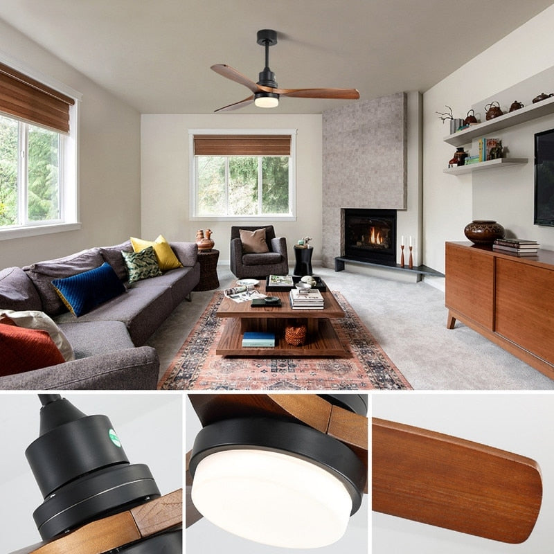 Ventilateur de plafond silencieux en bois de noyer 52/60/48 avec télécommande et éclairage intégré en option