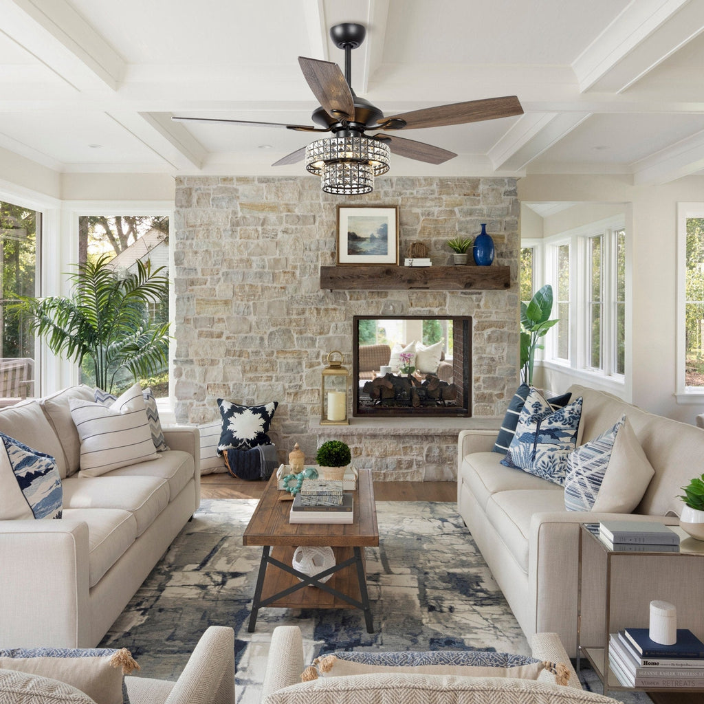 Ventilateur de plafond moderne en cristal et bois chromé de 52 pouces, 5 pales, avec télécommande