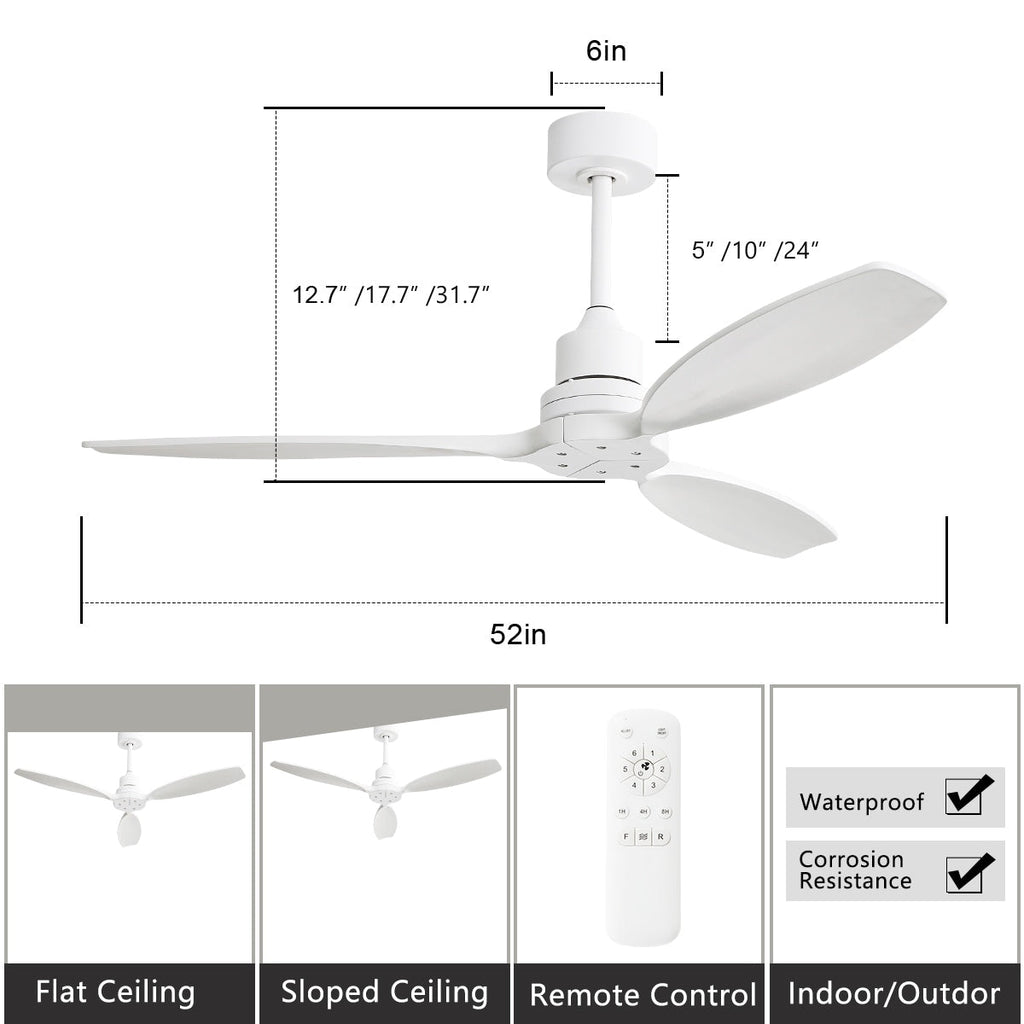 Ventilateur de plafond moderne en bois massif/ABS de 52 pouces avec télécommande (sans lumière), 6 vitesses de vent, flux d'air réversible