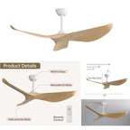 Ventilateur de plafond moderne en bois massif/ABS de 52 pouces avec télécommande (sans lumière), 6 vitesses de vent, flux d'air réversible