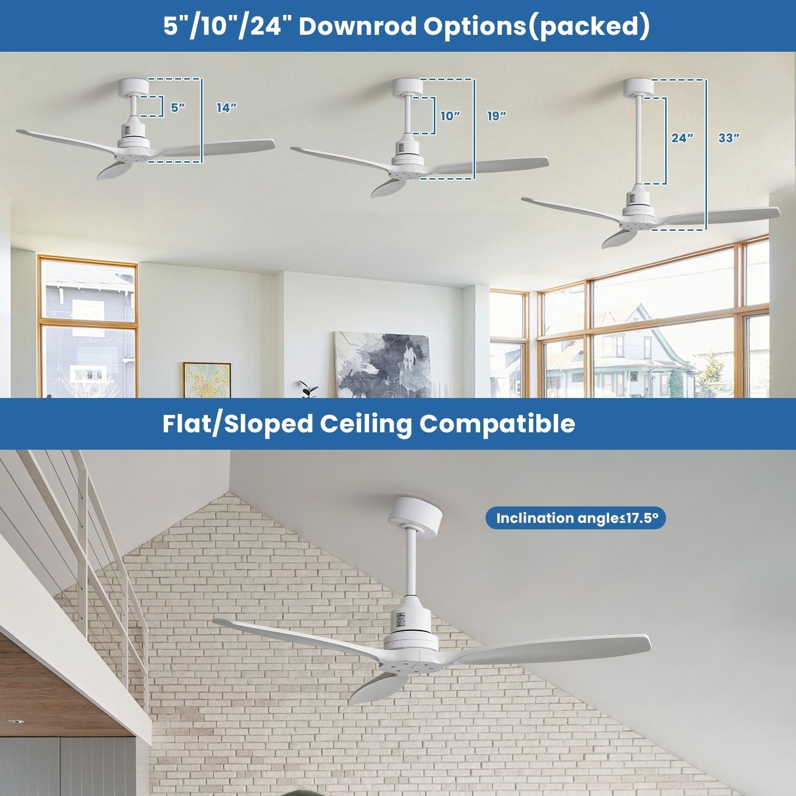 Ventilateur de plafond moderne en bois massif/ABS de 52 pouces avec télécommande (sans lumière), 6 vitesses de vent, flux d'air réversible