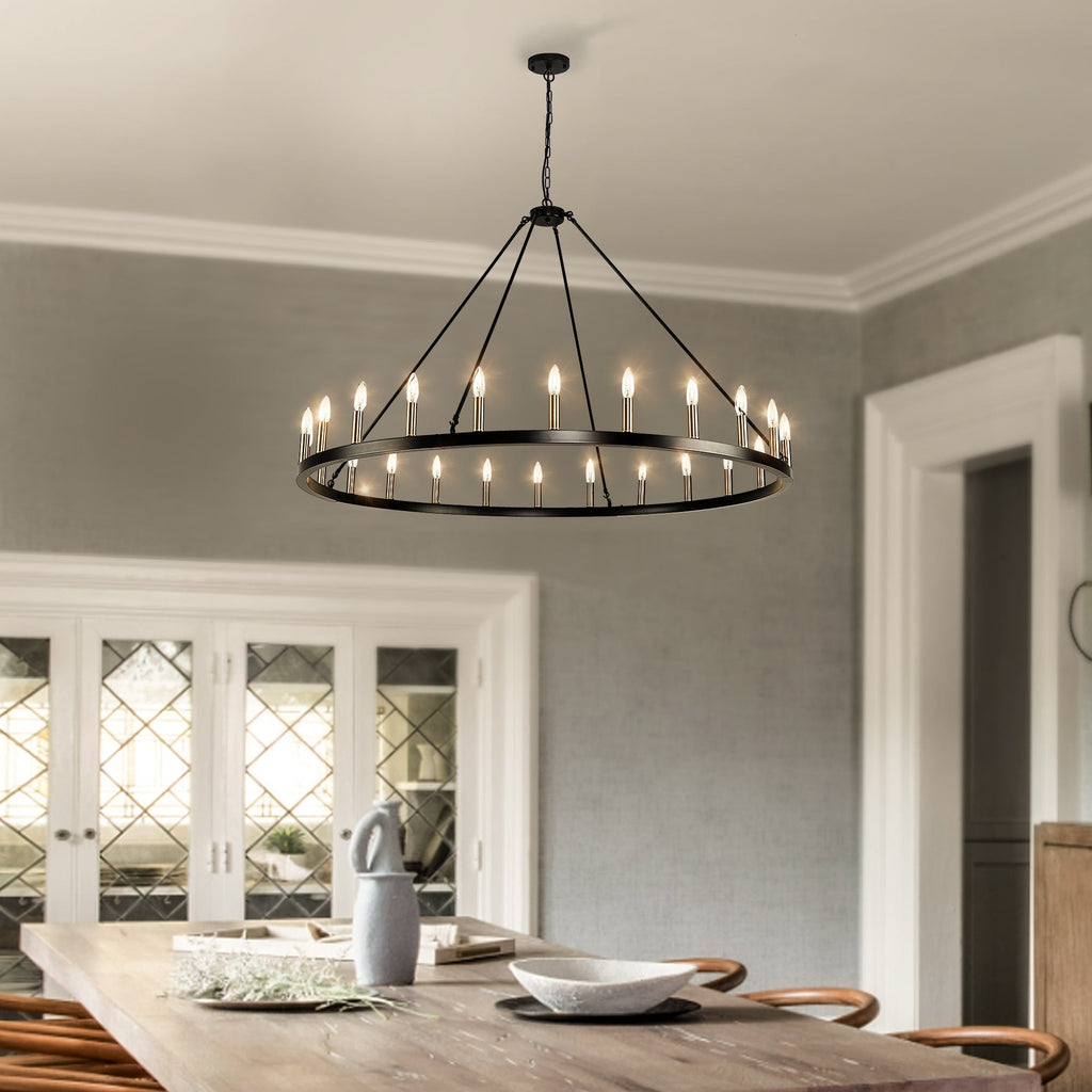 Lustre rond à 24 lumières en forme de roue de chariot de 54 pouces