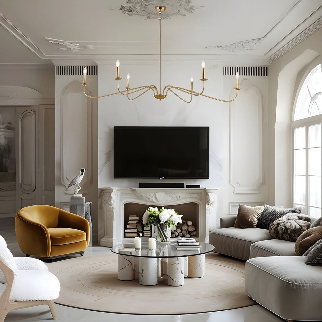 Lustre minimaliste à 6 lumières de 64 pouces, noir mat, or et chrome - N/A