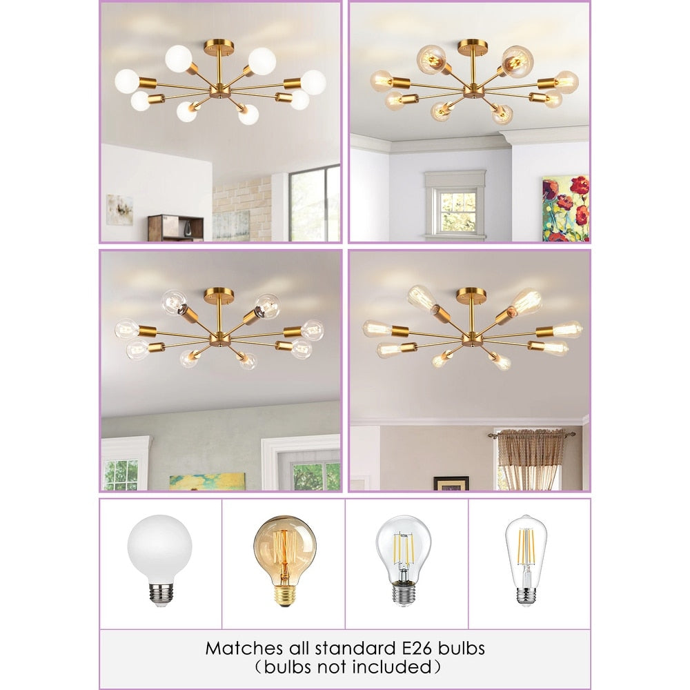 Plafonnier semi-encastré Sputnik noir/doré, idéal pour salon, cuisine, bureau, chambre ou hall d'entrée.